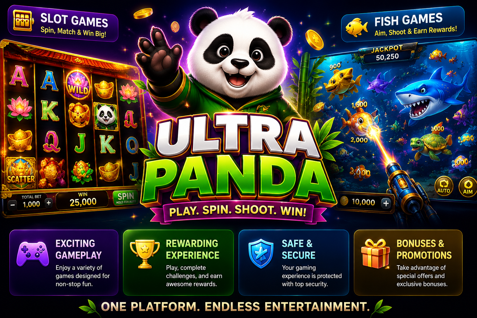 Ultra Panda gameplay scene with slot reels and coins